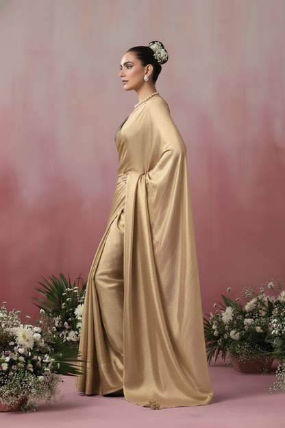 Dhiyona ST Champagne Gold Chiffon Saree with Pendants with Self Blouse Fabric