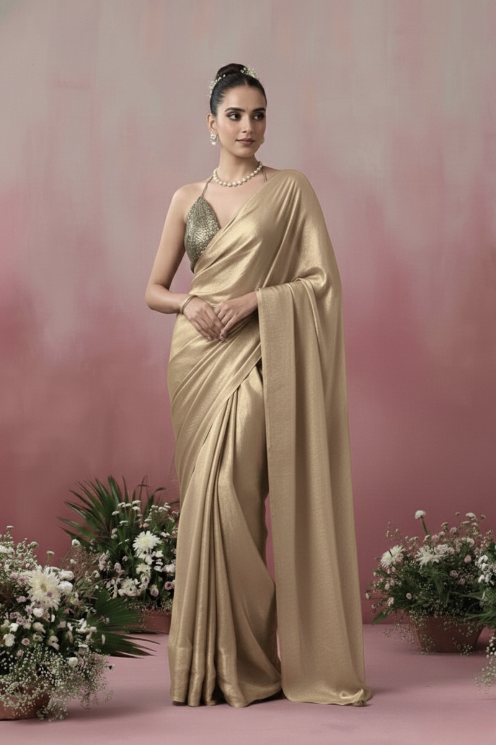 Dhiyona ST Champagne Gold Chiffon Saree with Pendants with Self Blouse Fabric