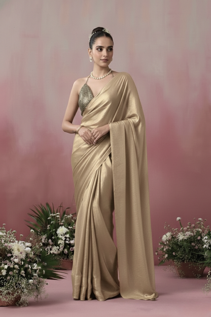 Dhiyona ST Champagne Gold Chiffon Saree with Pendants with Self Blouse Fabric