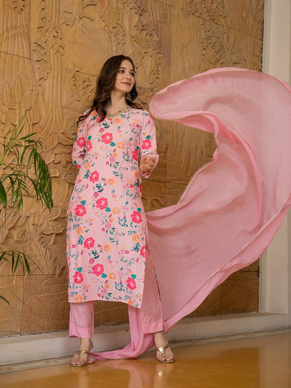 Dhiyona KL Floral Printed V-Neck Thread Work Straight Kurta With Trousers & Dupatta