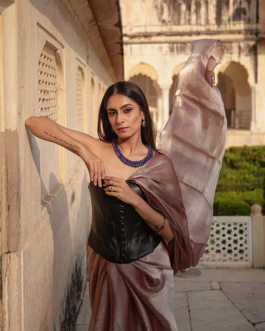 Dhiyona ST Peach Silver Pearl Silky Organza Saree with Diamond Lace and Self Blouse Fabric