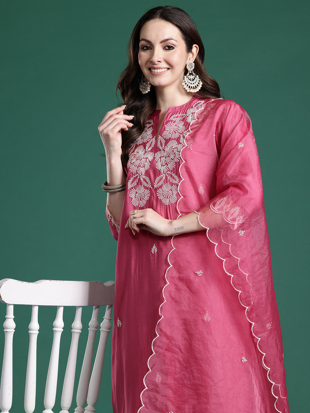 Ethnic Motifs Embroidered Thread Work Kurta with Trousers & With Dupatta