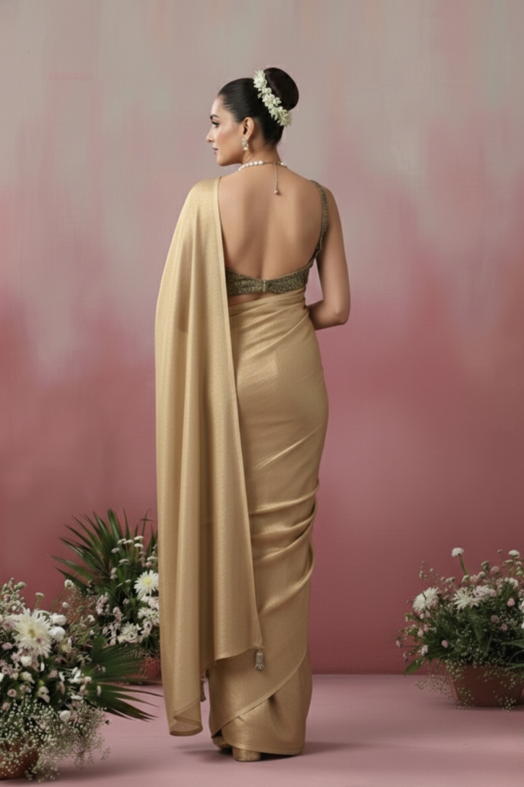 Dhiyona ST Champagne Gold Chiffon Saree with Pendants with Self Blouse Fabric