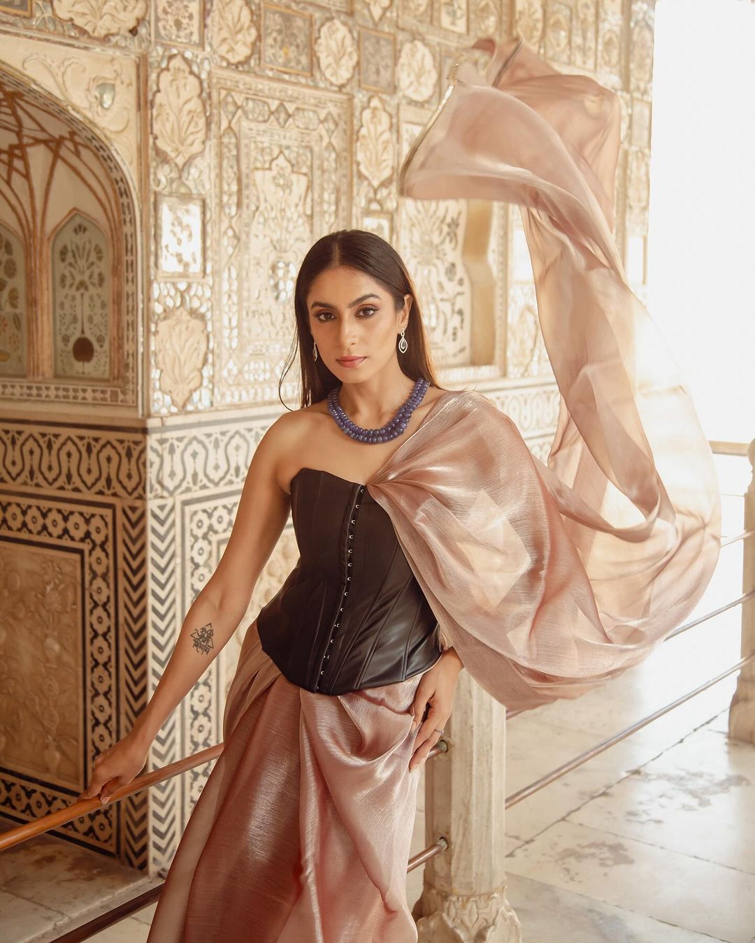 Dhiyona ST Peach Silver Pearl Silky Organza Saree with Diamond Lace and Self Blouse Fabric