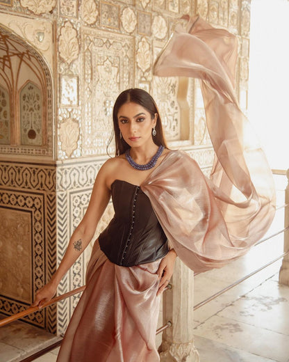 Dhiyona ST Peach Silver Pearl Silky Organza Saree with Diamond Lace and Self Blouse Fabric