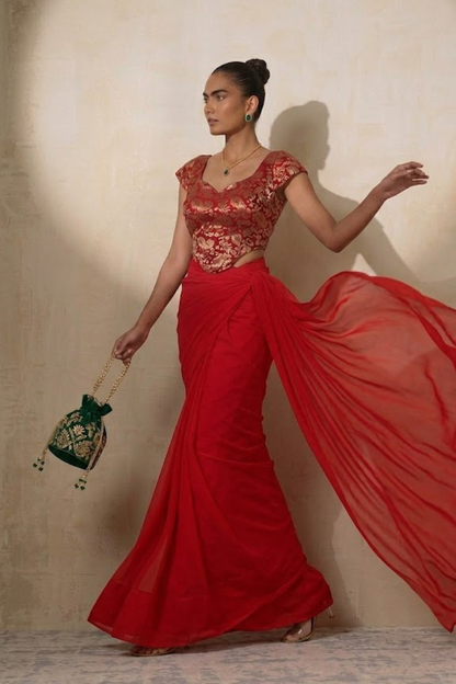 Dhiyona ST With Stitched Blouse -Red Brocade Blouse with Red Chiffon Saree (Blouse has sleeve attached)
