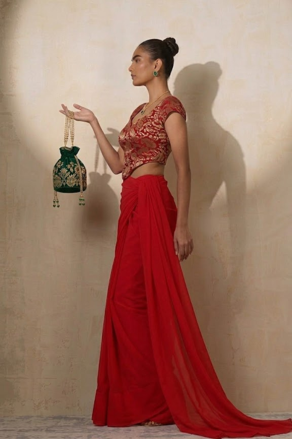 Dhiyona ST With Stitched Blouse -Red Brocade Blouse with Red Chiffon Saree (Blouse has sleeve attached)