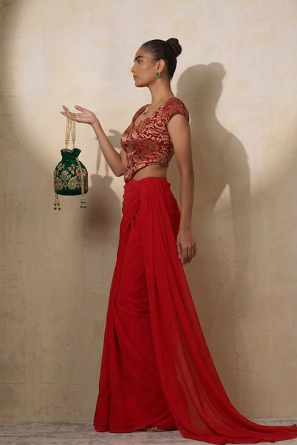 Dhiyona ST With Stitched Blouse -Red Brocade Blouse with Red Chiffon Saree (Blouse has sleeve attached)