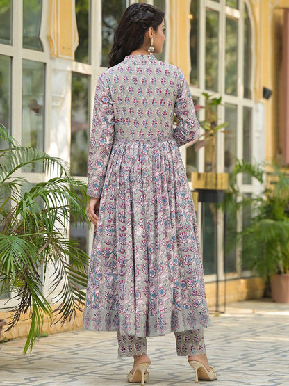 Dhiyona KL Floral Printed Pleated Pure Cotton Anarkali Kurta With Trousers & Dupatta