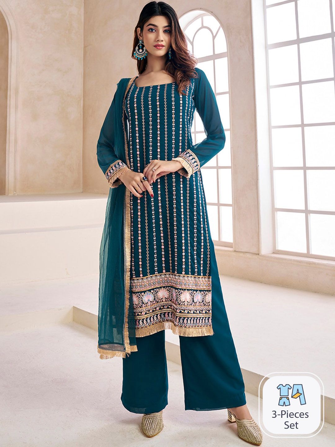 Dhiyona IN Teal Striped Embroidered Beads & Stones Straight Kurta & Palazzos With Dupatta