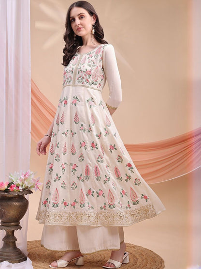 Dhiyona KL Floral Printed Thread Work Pure Silk Anarkali Kurta With Palazzos & Dupatta