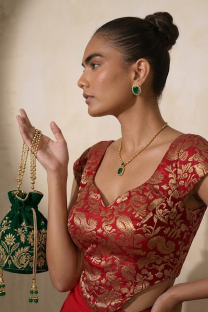 Dhiyona ST With Stitched Blouse -Red Brocade Blouse with Red Chiffon Saree (Blouse has sleeve attached)