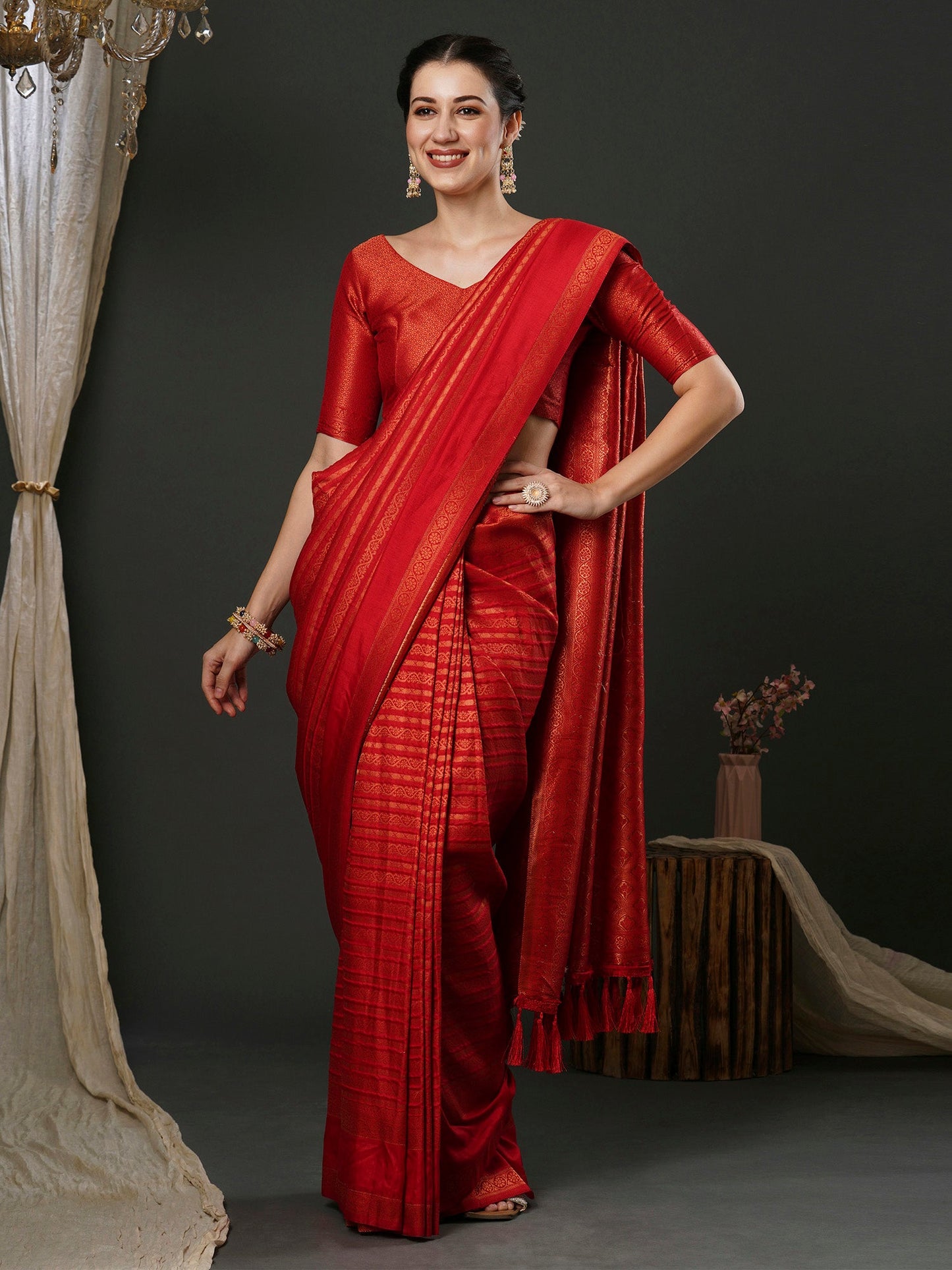 Women's Silk Blend Red Woven Design Designer Saree With Blouse Piece