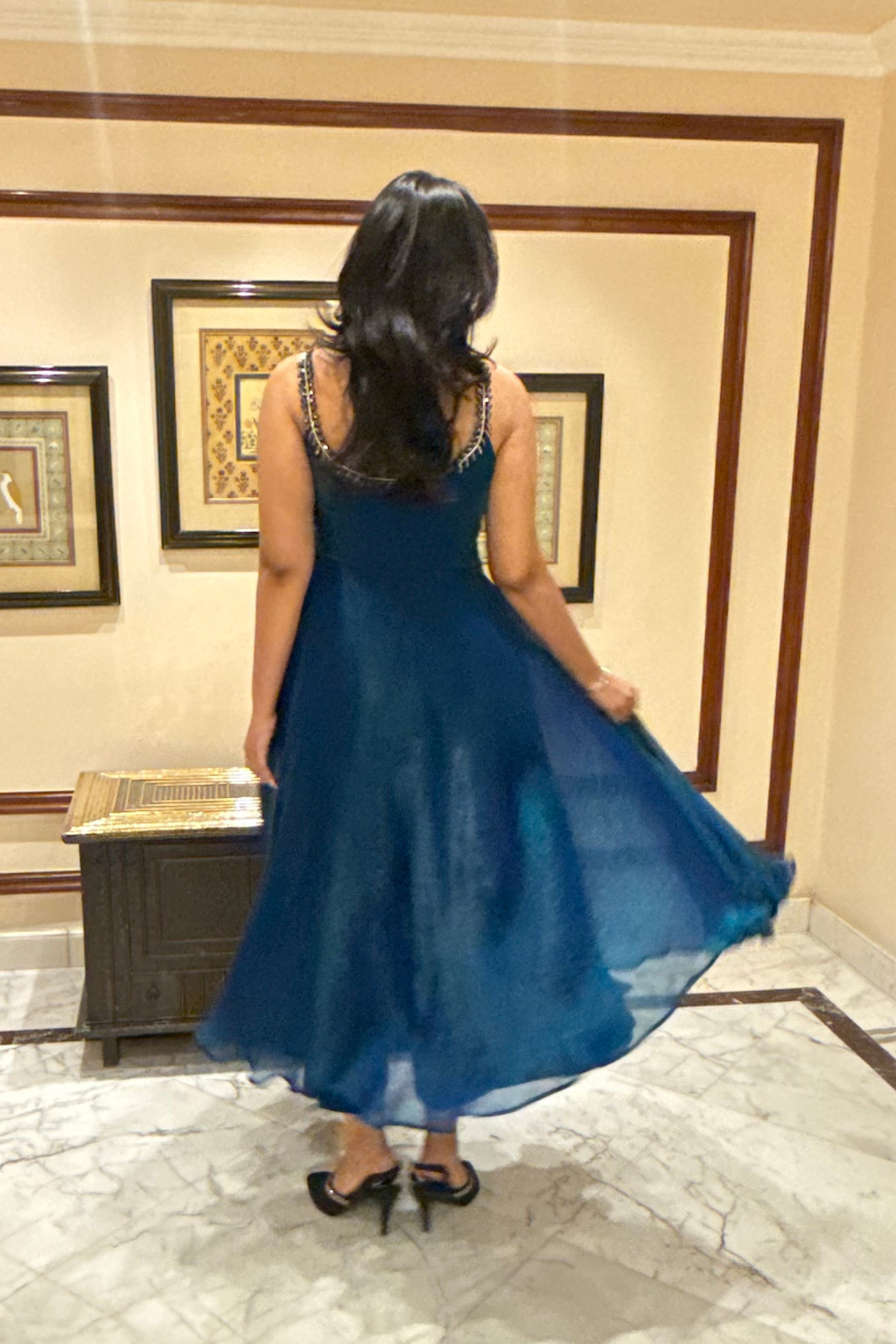 Dhiyona ST 3 Pc Set -  Peacock Satin Sleeveless Anarkali Suit with Black Glass Beads Neckline with Pants and Dupatta