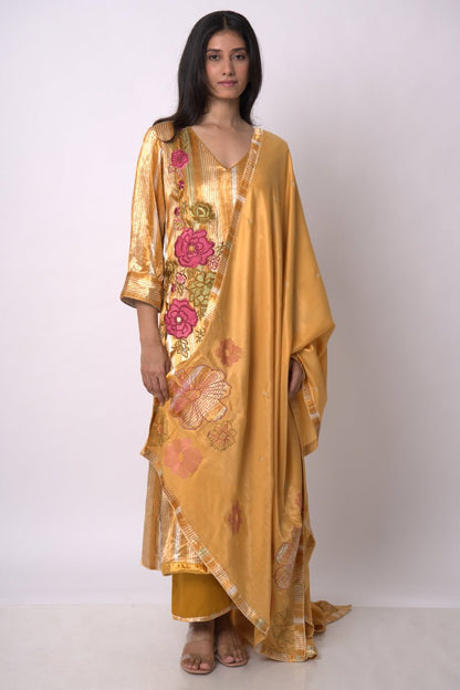 Women's Mustard and Beige Silk Velvet Salwar Suit