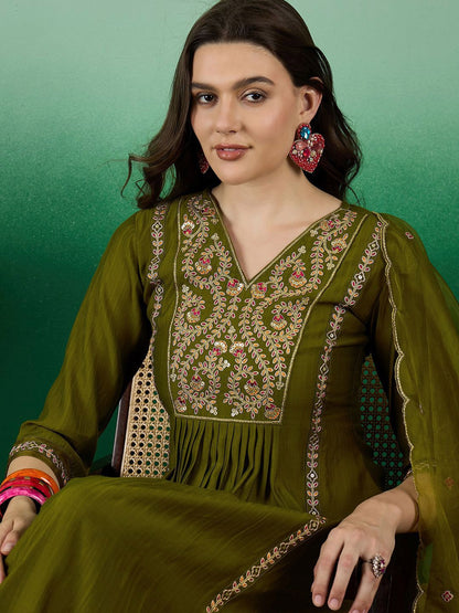 Dhiyona SN Women's Green Yoke Design Thread Work Pleated A-line Kurta With Trouser & Dupatta