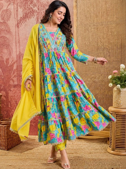 Printed Mirror Work Anarkali Kurta Set With Tasseled Dupatta