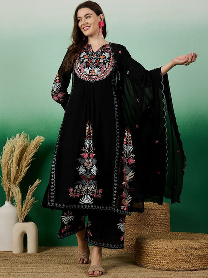 Dhiyona KL Floral Embroidered V-Neck Cuffed Sleeves Thread Work Kurta ,Palazzos & Dupatta