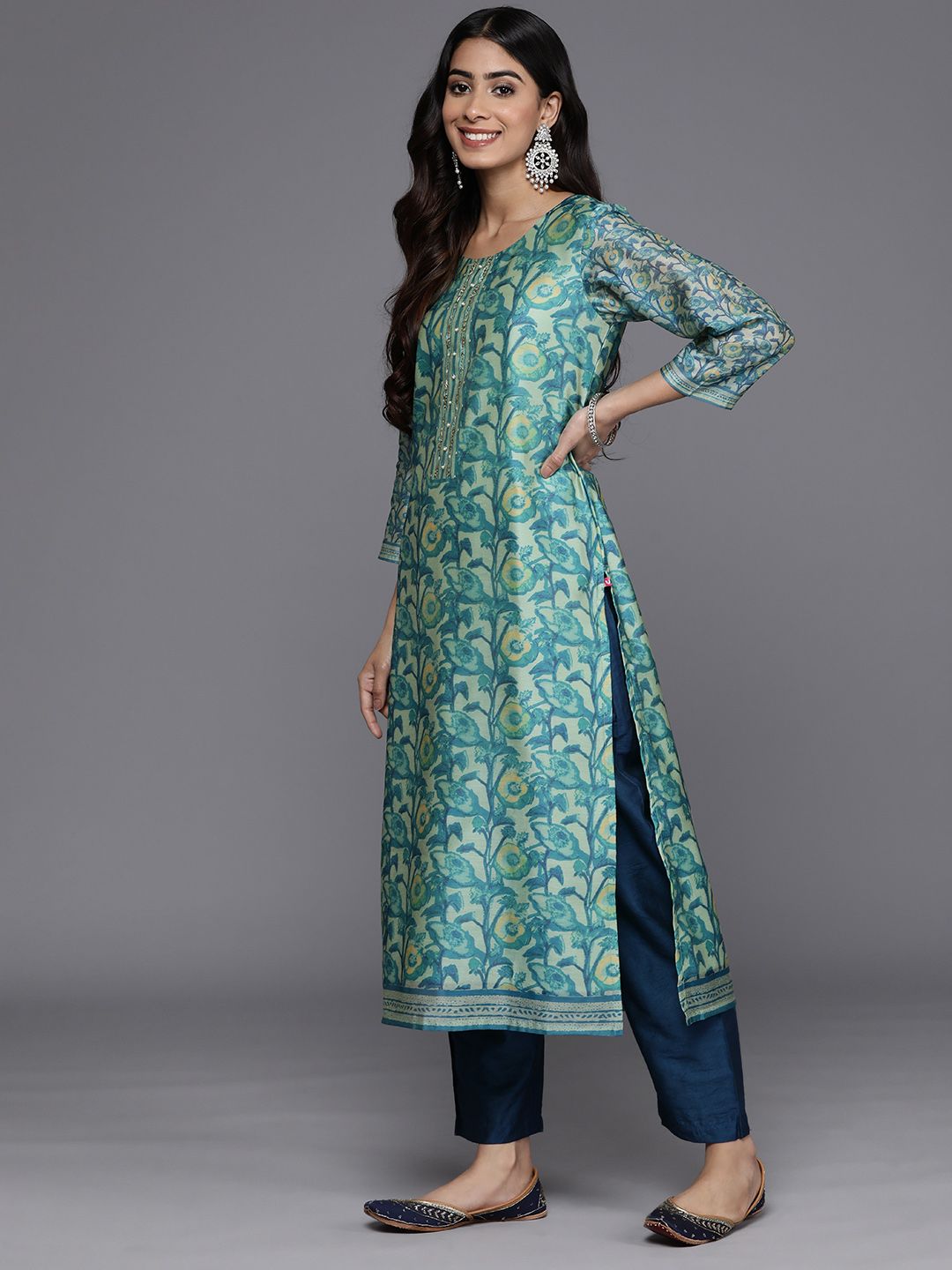 Sea Green Sea Green Floral Printed Hand work Kurta with Trousers & Dupatta