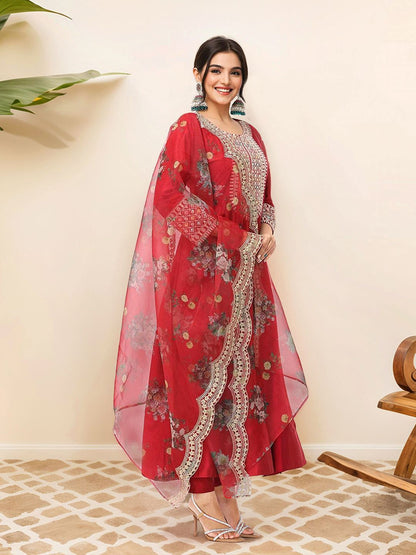 Dhiyona IS Women's Women Ethnic Motifs Yoke Design Regular Thread Work Kurta with Trousers & With Dupatta