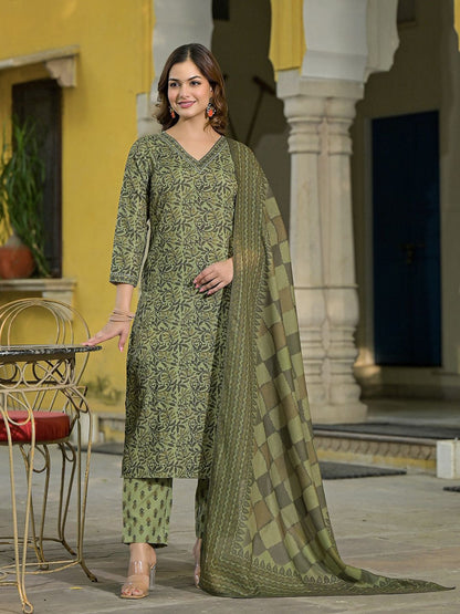 Dhiyona KL Floral Printed V-Neck Gotta Patti Straight Kurta With Trousers & Dupatta