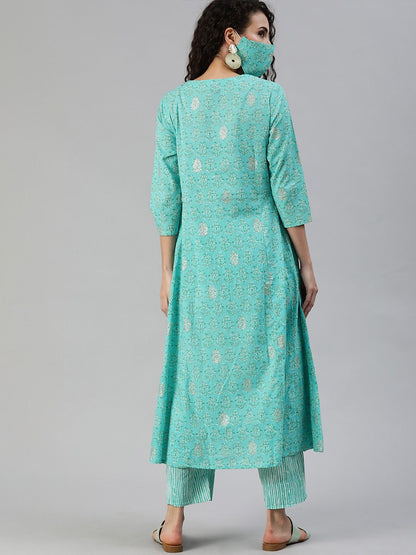 Dhiyona IS Women's Ethnic Motifs Printed Mirror Work Pure Cotton Kurta with Trousers & Mask