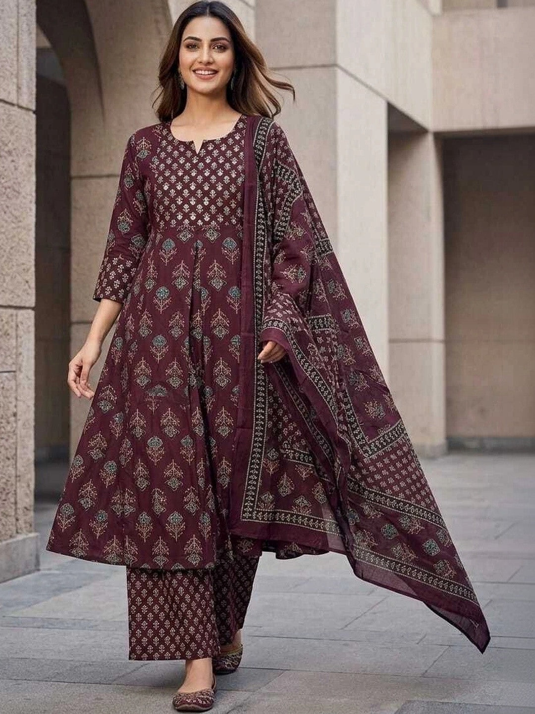 Women Ethnic Motifs Printed Regular Pure Cotton Kurta with Trousers & With Dupatta