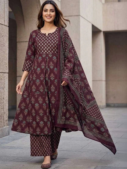Women Ethnic Motifs Printed Regular Pure Cotton Kurta with Trousers & With Dupatta