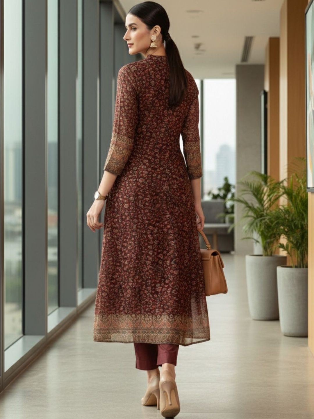 Maroon Women Ethnic Motifs Printed Regular Chanderi Silk Kurta with Trousers & With Dupatta