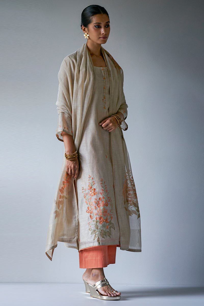 Women's Beige Woven Kurta Suit Set With Delicate Hand Work Detailing and Embroidery Placket