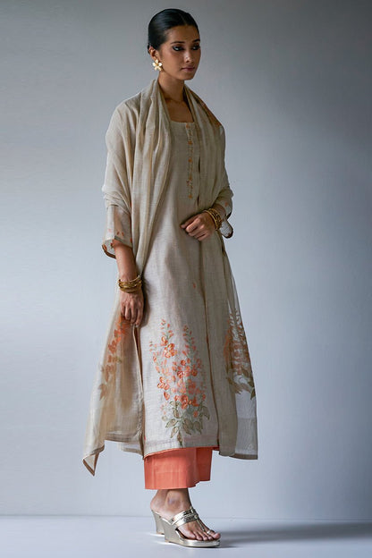 Women's Beige Woven Kurta Suit Set With Delicate Hand Work Detailing and Embroidery Placket