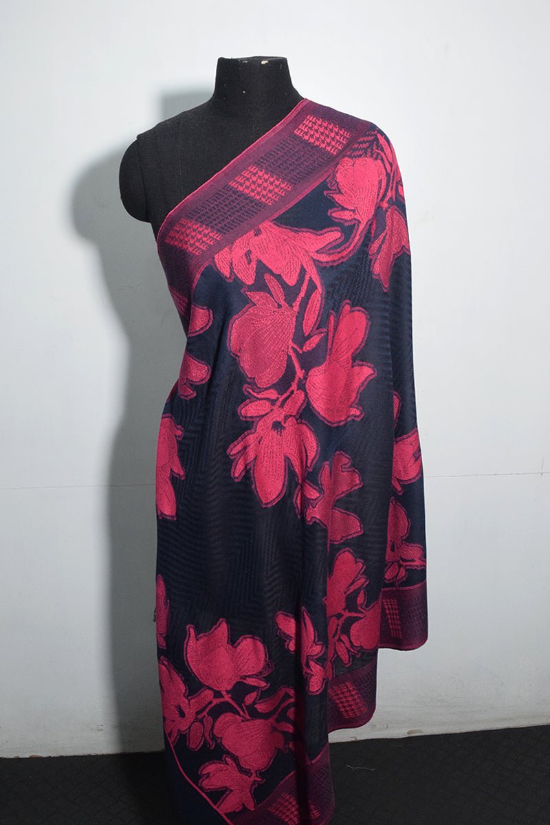 Women's Navy Blue Woven Jacquard Pashmina Shawl