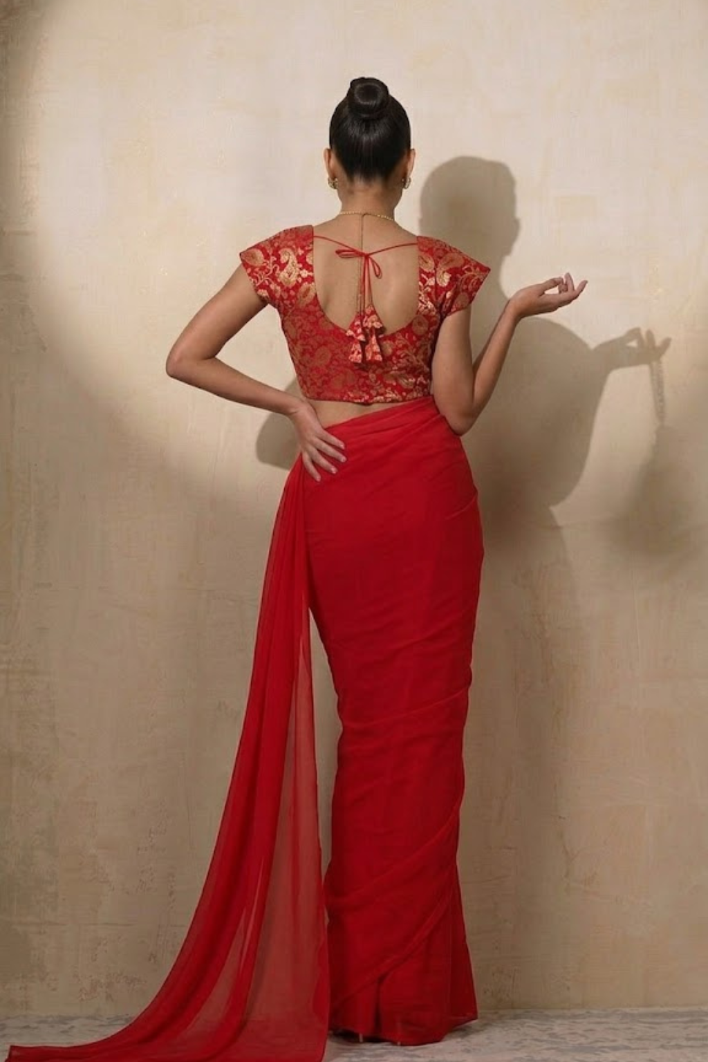 Dhiyona ST With Stitched Blouse -Red Brocade Blouse with Red Chiffon Saree (Blouse has sleeve attached)