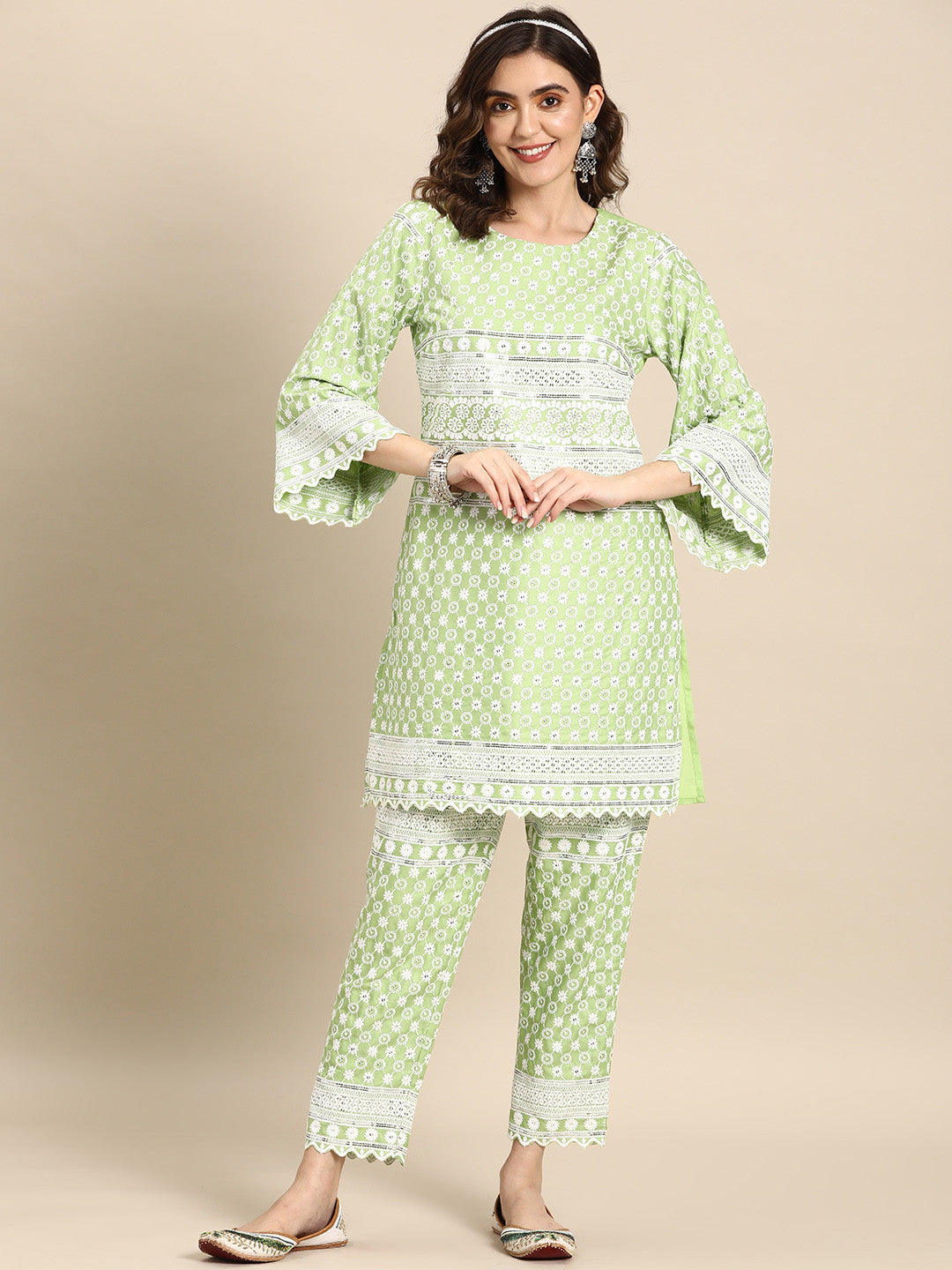 Floral Embroidered Mirror Work Kurta with Trousers