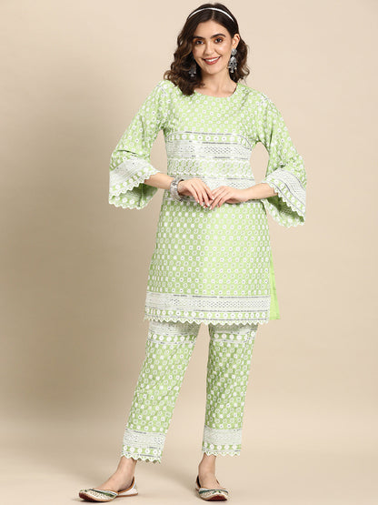 Floral Embroidered Mirror Work Kurta with Trousers