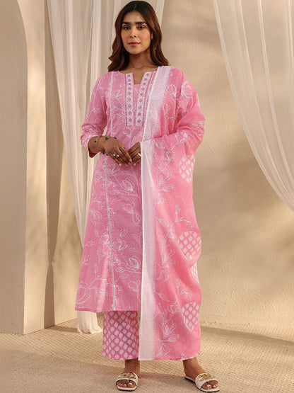 Women Floral Printed Regular Thread Work Kurta with Trousers & With Dupatta