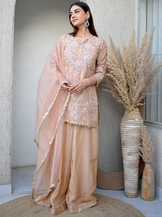 Dhiyona LL Floral Embroidered Notch Neck Straight Kurta With Palazzos & Dupatta