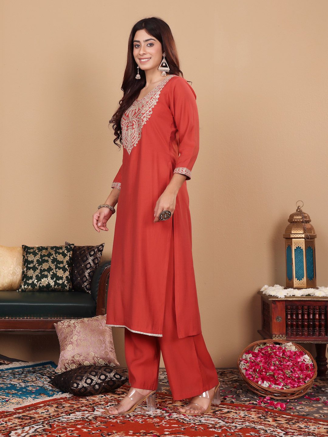 Dhiyona VA Women Embroidered Regular Kurta with Palazzos & With Dupatta
