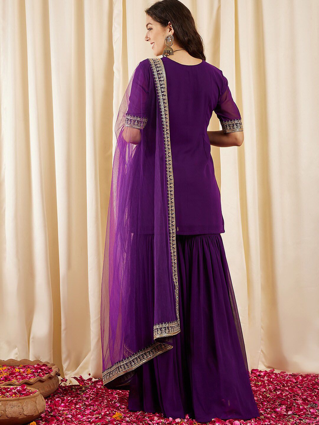Dhiyona IN Ethnic Motifs Embroidered Regular Sequined Kurti with Sharara & Dupatta
