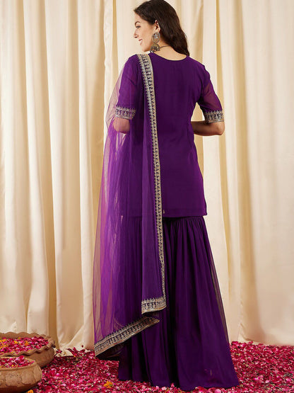 Dhiyona IN Ethnic Motifs Embroidered Regular Sequined Kurti with Sharara & Dupatta