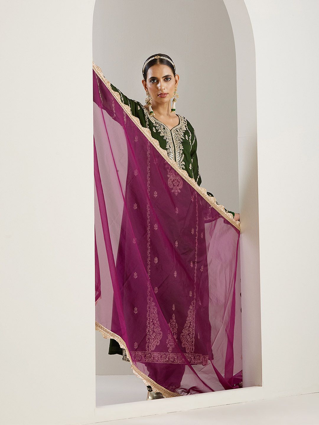 Dhiyona IS Women's Green Ethnic Motifs Embroidered Chinon Straight Kurta With Trousers & Dupatta