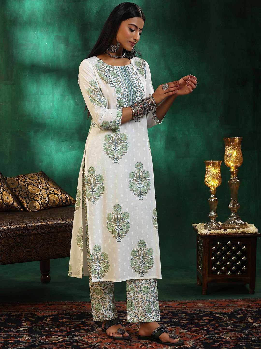 Floral Printed Gotta Patti Pure Cotton Straight Kurta with Trousers & Dupatta