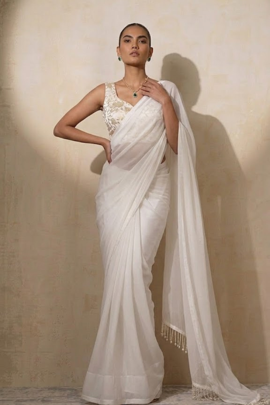Dhiyona ST With Stitched Blouse - White Brocade Blouse with White Chiffon Saree (Blouse has sleeve attached)