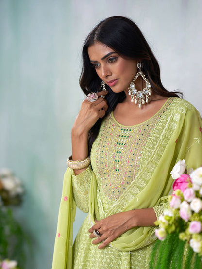 Dhiyona CH Ethnic Motifs Embroidered Thread Work Anarkali Kurta With Trousers And Dupatta