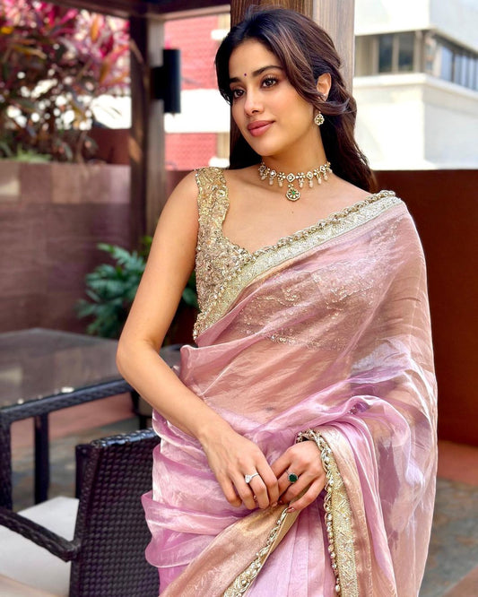 Dhiyona HH Janhvi Kapoor Inspired Baby Pink Soft Tissue Silk Saree | Unstitched Blouse Piece
