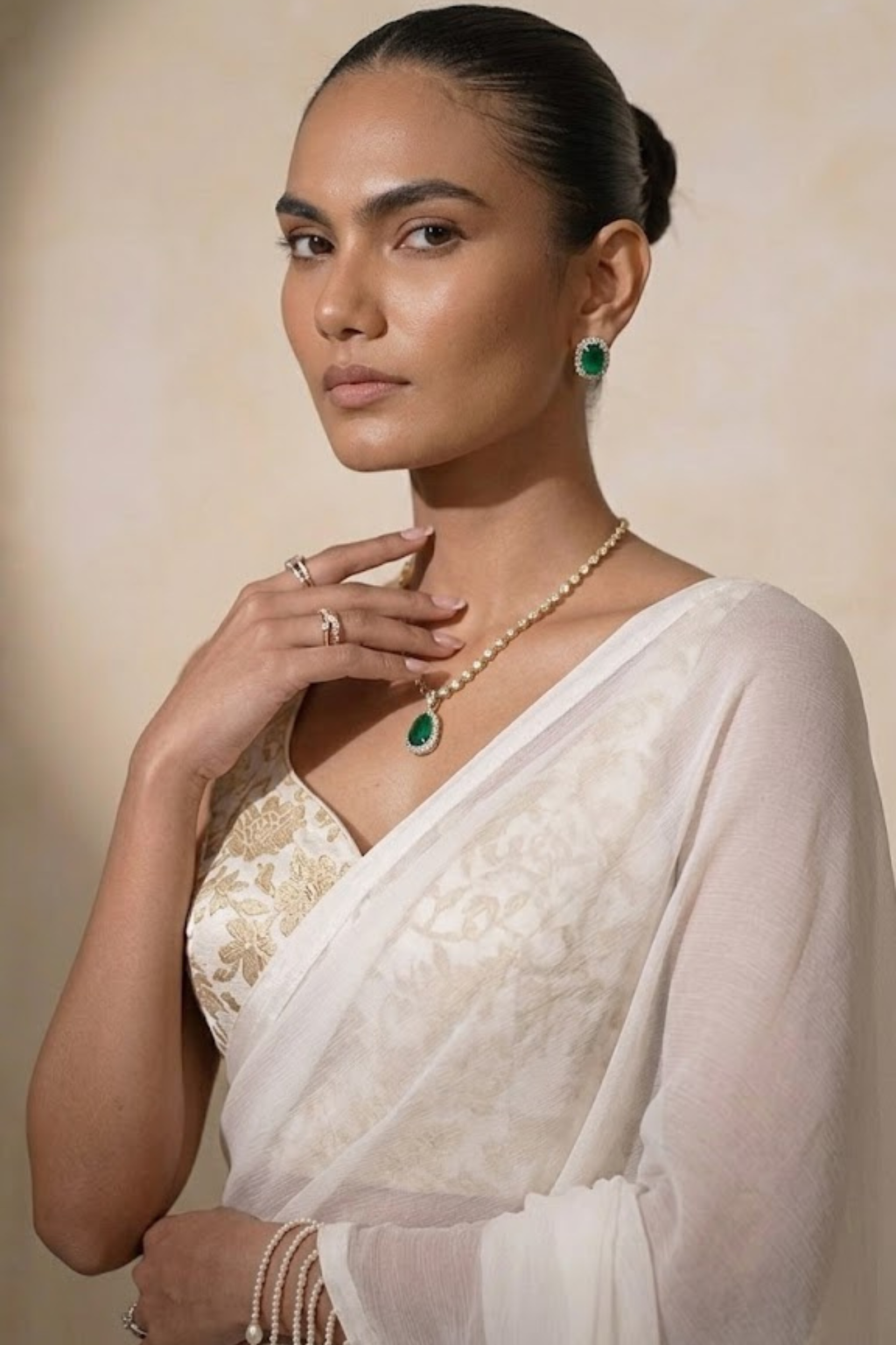 Dhiyona ST With Stitched Blouse - White Brocade Blouse with White Chiffon Saree (Blouse has sleeve attached)