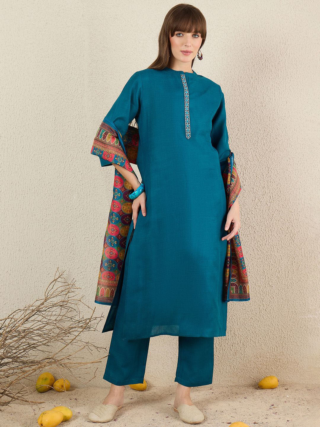 Women Solid Embroidered Kurta with Trousers & Dupatta
