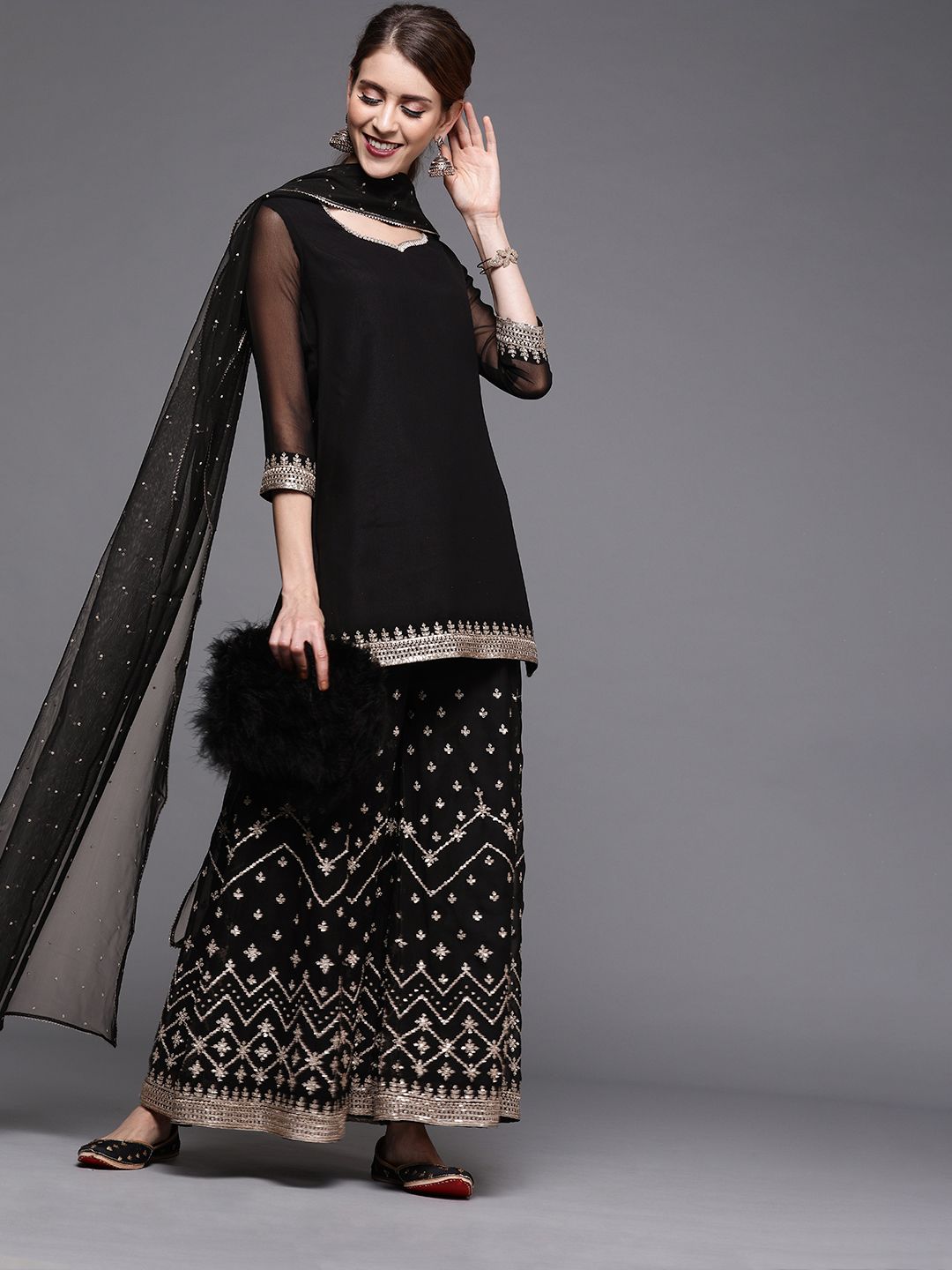Dhiyona IN Women Black Georgette Kurti with Embroidered Sharara & Dupatta