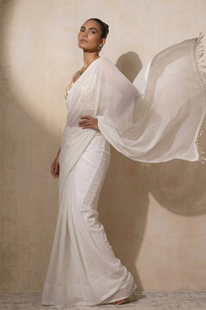 Dhiyona ST With Stitched Blouse - White Brocade Blouse with White Chiffon Saree (Blouse has sleeve attached)