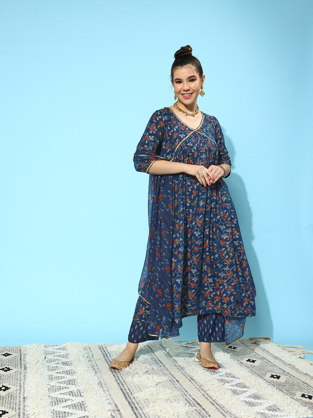 Floral Printed High Slit Gotta Patti Kurta with Trousers & Dupatta